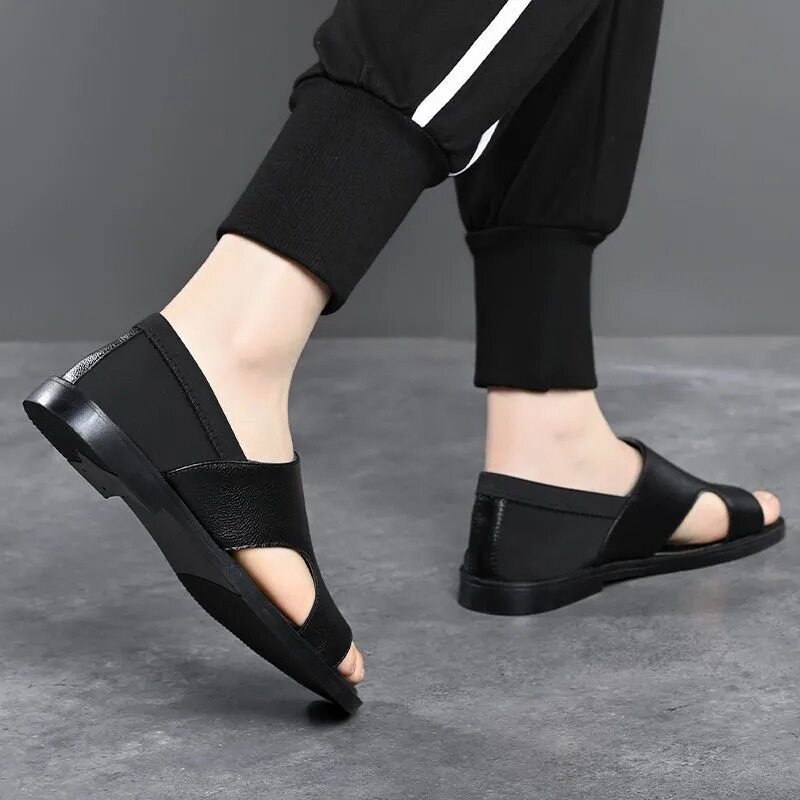 Dép sandal nam da bò thật đế mềm chống trượt kiểu Birkenstock — màu đen