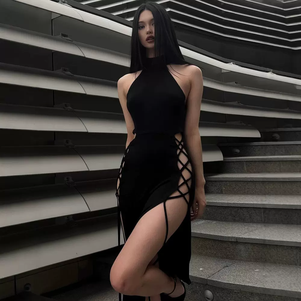 YJ22598针织高领无袖镂空连衣裙2024夏季欧美性感辣妹修身长裙女