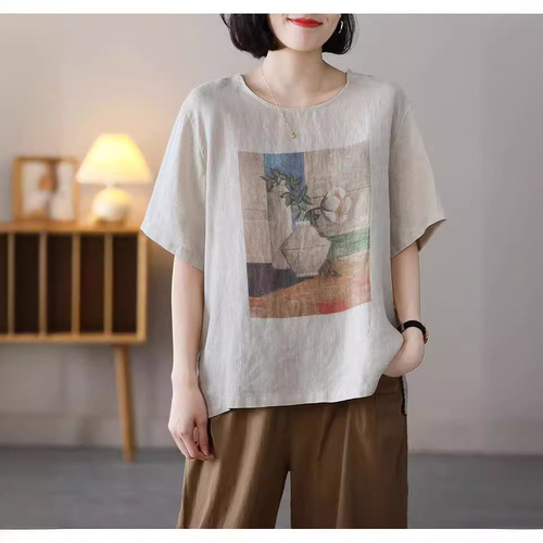 Cotton and Linen Women's Short Sleeve T-Shirt  Summer New Women's Top Loose Retro Print Plus Size Women's T-Shirt Trendy