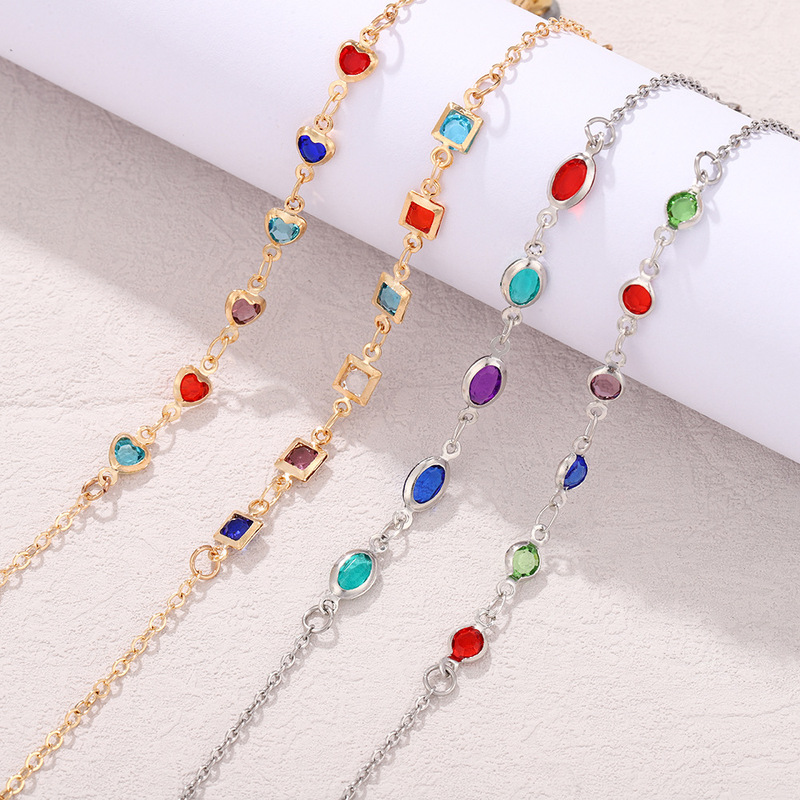 Fresh and Colorful Heart-Shaped Beaded Bracelet, Sweet Multicolor Glass Diamond Bracelet for Women, High-End and Elegant Copper Jewelry
