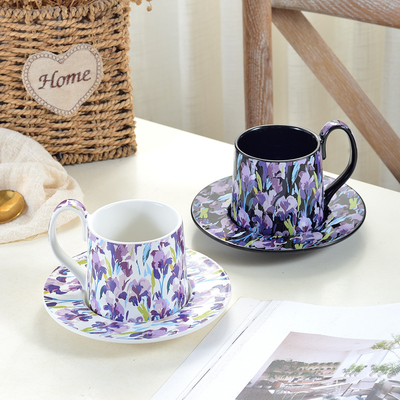 鳶尾花咖啡杯碟套裝下午茶茶杯家用高顏值設計師網紅陶瓷馬克杯