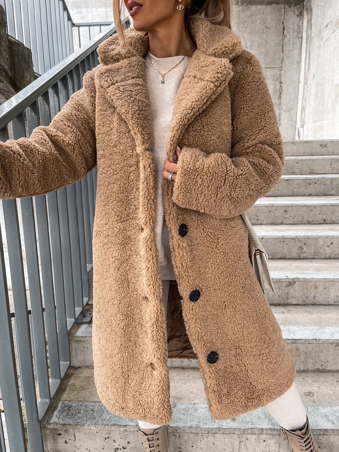 Furry Long Sleeve Collared Plush Large Coat in Coats & Jackets