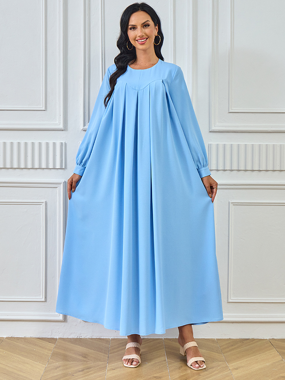 New Abaya Arab Cross-border Middle Eastern Muslim Robe Long-sleeved Solid Color Large Hem Dress Long Skirt Women's_ecoleips.com