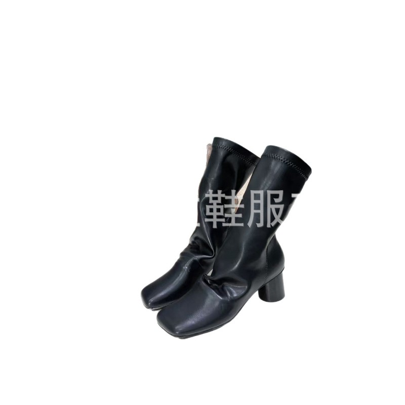 小众2025秋冬真皮方头复古褶皱粗跟高跟弹力靴瘦瘦靴时装靴裸靴女|undefined