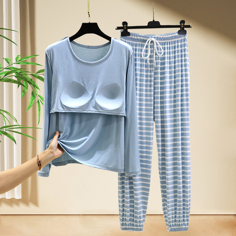 Modal Round Neck Long-Sleeved T-Shirt Leggings Pants Suit Women's Early Autumn Home Wear-Free Bra Pajamas Large Size Home Clothes
