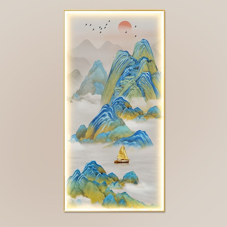 千里江山图玄关装饰画新中式进门入户挂画高级感走廊过道带灯壁画|undefined