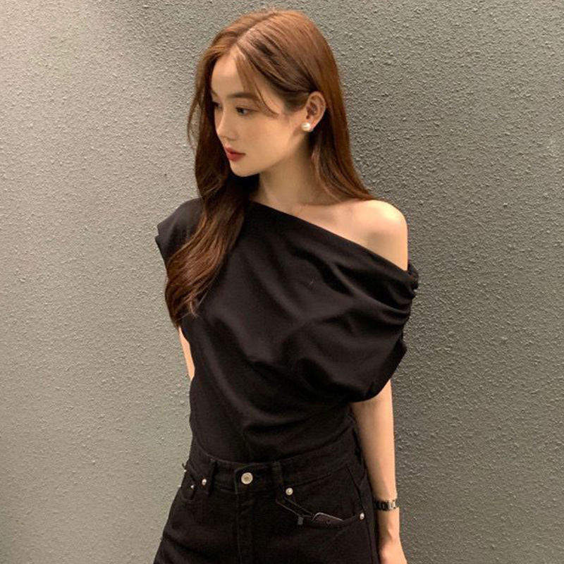 韩国chic2025夏季法式不规则斜肩设计感宽松纯色套头短袖T恤女潮|undefined