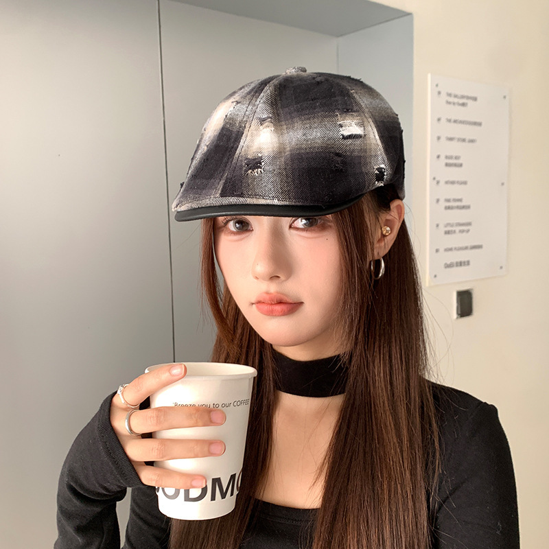 做旧破洞前进帽子女秋冬季格纹皮檐鸭舌贝雷帽英伦复古画家报童帽|undefined