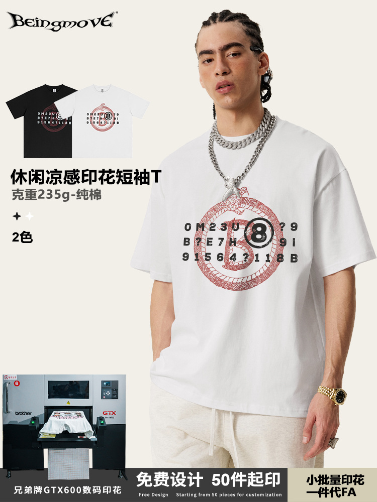 2025 serie de primavera europea y americana marca de tendencia serpiente logotipo impresión de cuello redondo suelto camiseta de manga corta para hombres de verano