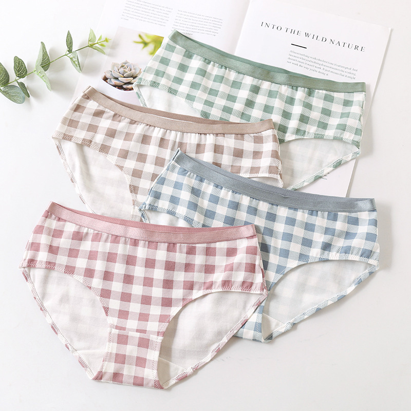 [in stock] Korean style plaid girl underwear 19044 simple houndstooth small fresh ladies cotton profile briefs