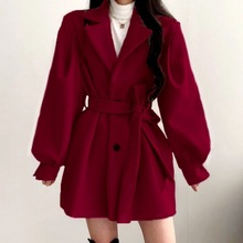 红毛呢大衣女2024年新款韩版宽松小个子中长款纯色赫本风外套
