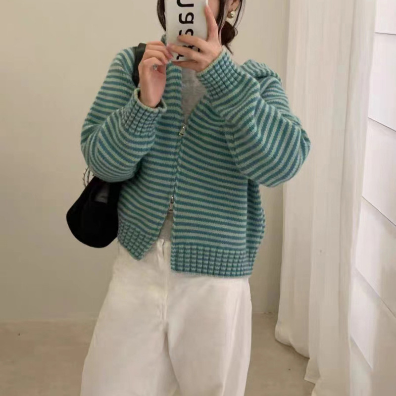 韩系撞色条纹双拉链连帽针织开衫女秋冬新款宽松慵懒风毛衣外套厚|undefined