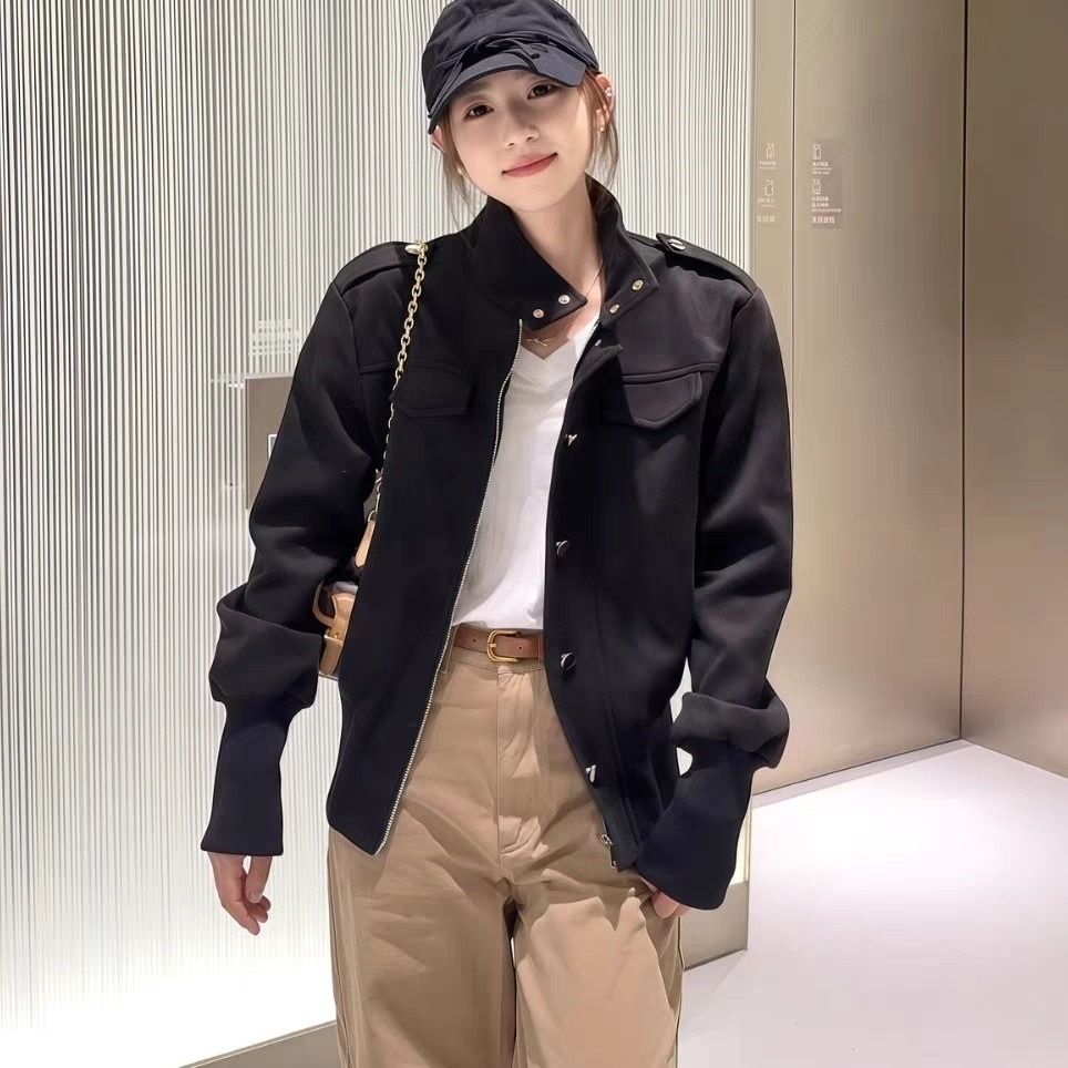 黑色仿麂皮绒外套女秋2026新款韩系小个子短款收腰设计感立领夹克