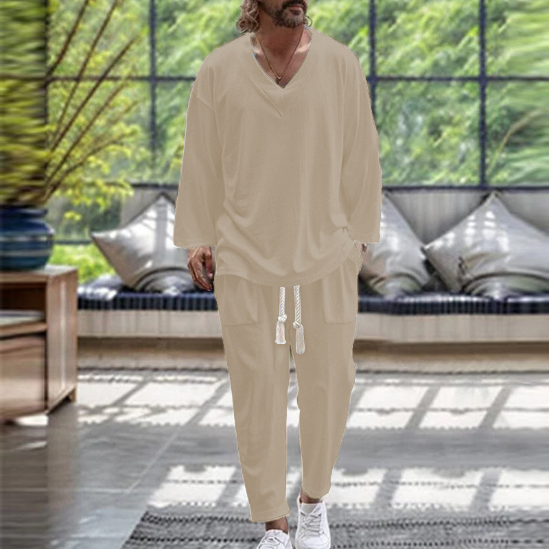 카키색 브이넥 슈트
