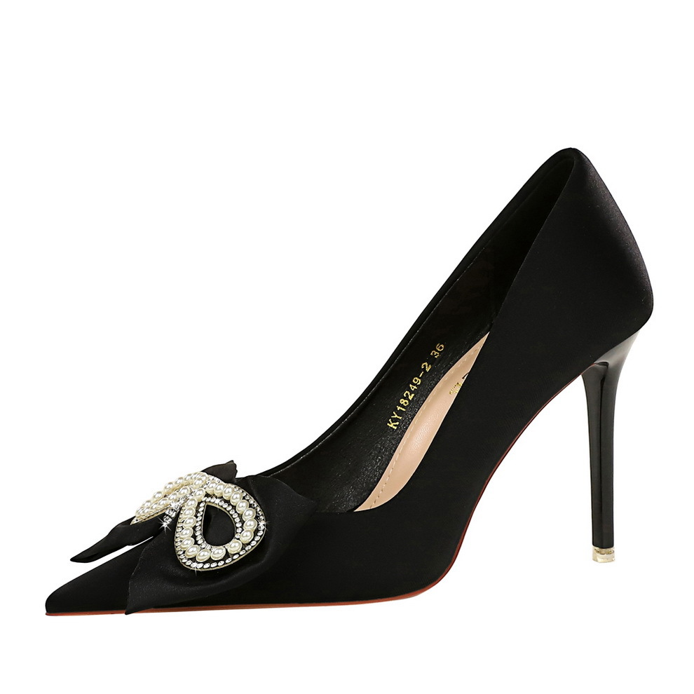 High heels slim heels shallow mouth pointy satin pearl diamond-bow single shoes_voghion.com