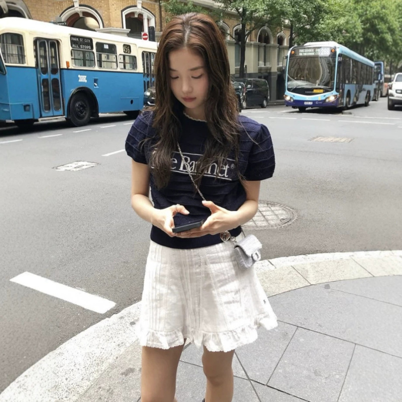 In Stock Korean Style Women's Summer New Letter Jacquard Puff Sleeve Hollow Knit Sweater Round Neck Short Sleeve Top In Stock Korean Style Women's Summer New Letter Jacquard Puff Sleeve Hollow Knit Sweater Round Neck Short Sleeve Top