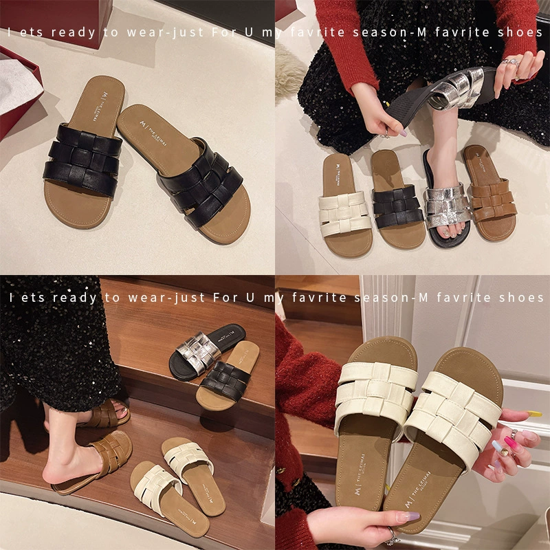 Ретро тканые плоские тапочки женские 2024 лето новый французский темперамент мягкий фон дикий пляж тапочки