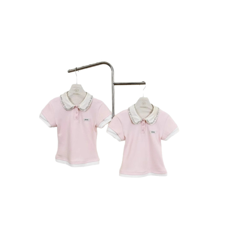 SunsetPark サンセットパーク ピンク ブルー グレー スプライシング フェイク ツーピース ポロ ラインストーン カラー 半袖 ストレッチ Tシャツ トップ|undefined