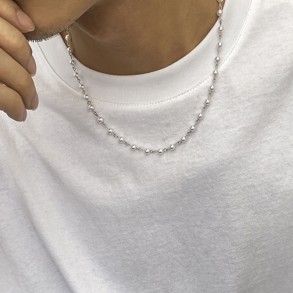 Iron Material Men'S Hip-Hop Fashion Necklace Geometric Splicing Iron Pearl Men's Chain Necklaces