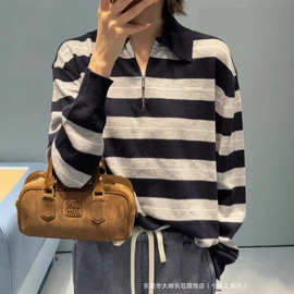 25秋冬新款条纹字母polo长袖针织衫百搭休闲撞色减龄羊绒高品质韩