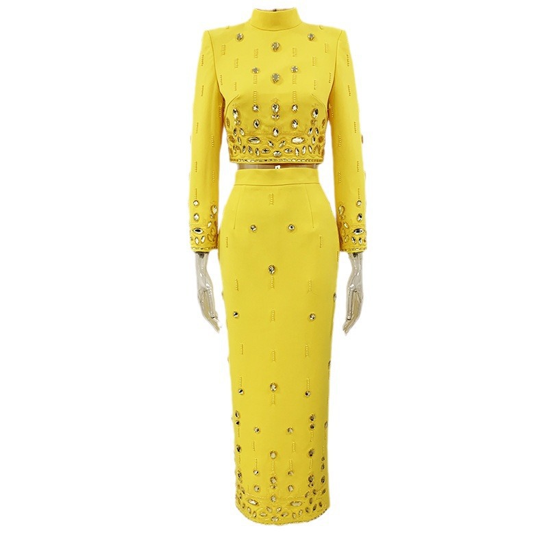 Women's Clothing celebrity fashion new heavy beaded diamond short top long skirt suit two piece suit_voghion.com