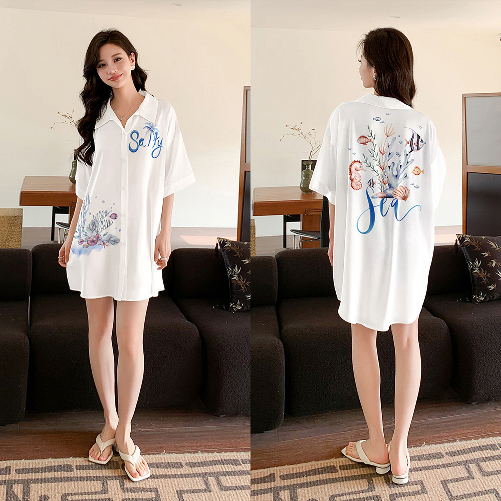 Nuevo pijama de verano de mujer satin chiffon cardigan cuello suelto cómodo lindo viento ropa de casa SQ21348