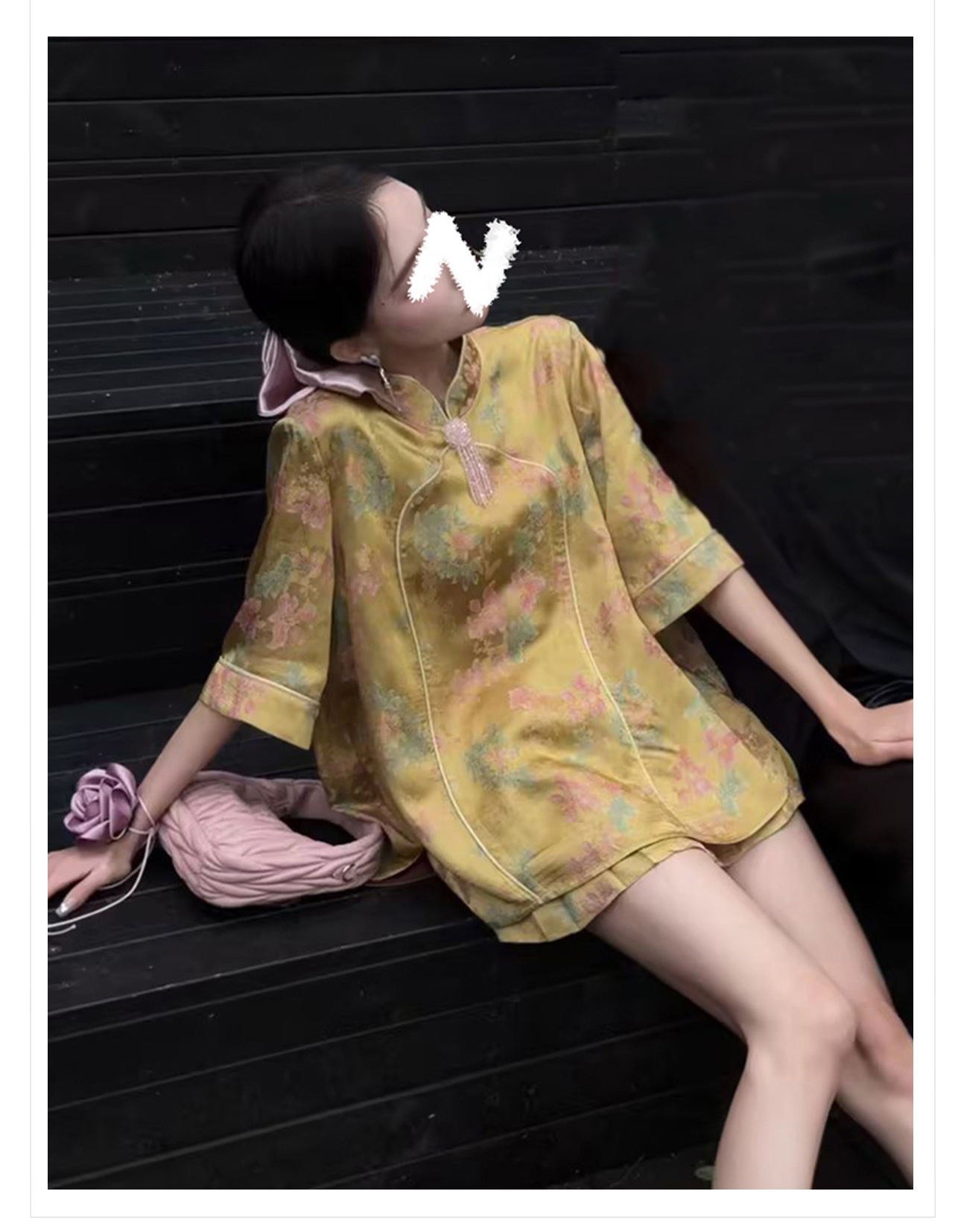 Quần short cạp cao tôn dáng phong cách Trung Hoa in họa tiết mùa hè — Quần short chi tiết 3
