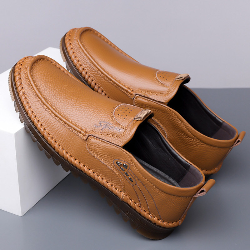 Giày lười nam da bò lớp đầu cỡ lớn, mũi tròn, đế bằng, phong cách casual — Màu nâu, Màu trắng ngà, màu đen