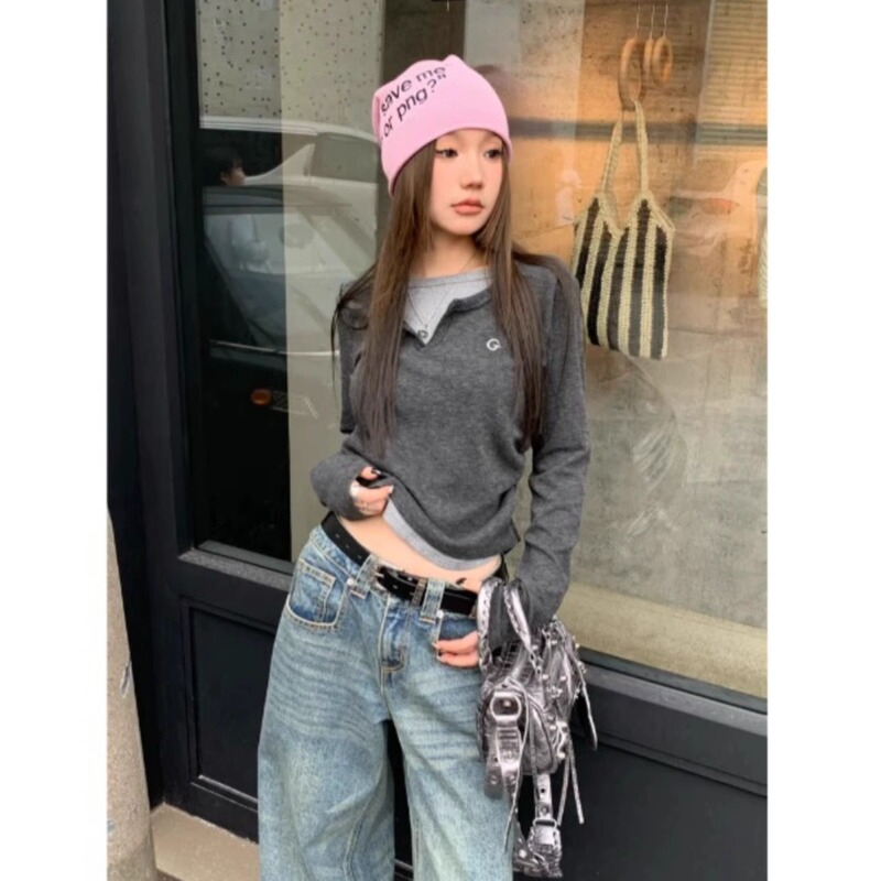 Women's T-shirt Fake Two-piece Long-sleeved T-shirt Autumn and Winter Inner Wear Slim-fit Slimming Base Top American Style Retro Base Shirt