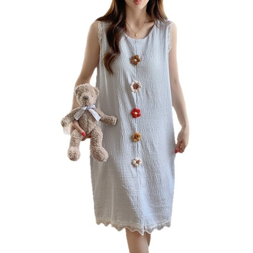 Summer Sleeveless Round Neck Nightdress with Fixed Bra Pads Handmade 3D Crochet Solid Color Cloud Cotton Camisole Dress in Multiple Colors