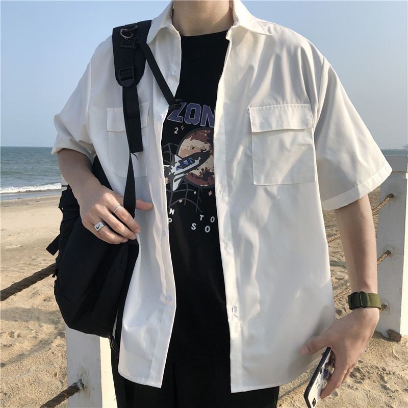 Japanese-Style Trendy Loose Basic Solid Color Work Short-Sleeve Shirt Men's White Half-Sleeve Shirt Black Men's Shirt