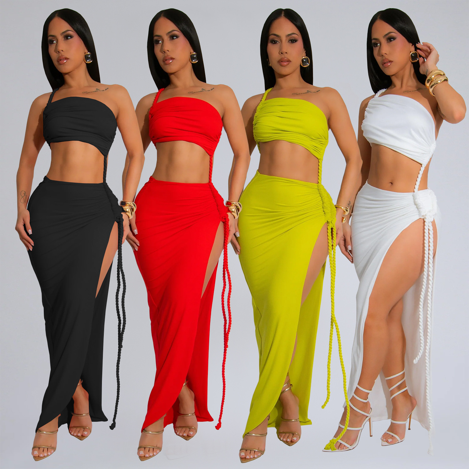 C7342 Cross-border AliExpress Amazon Ropa de mujer de moda europea y americana Vestido largo sexy simple envuelto en el pecho con apertura lateral