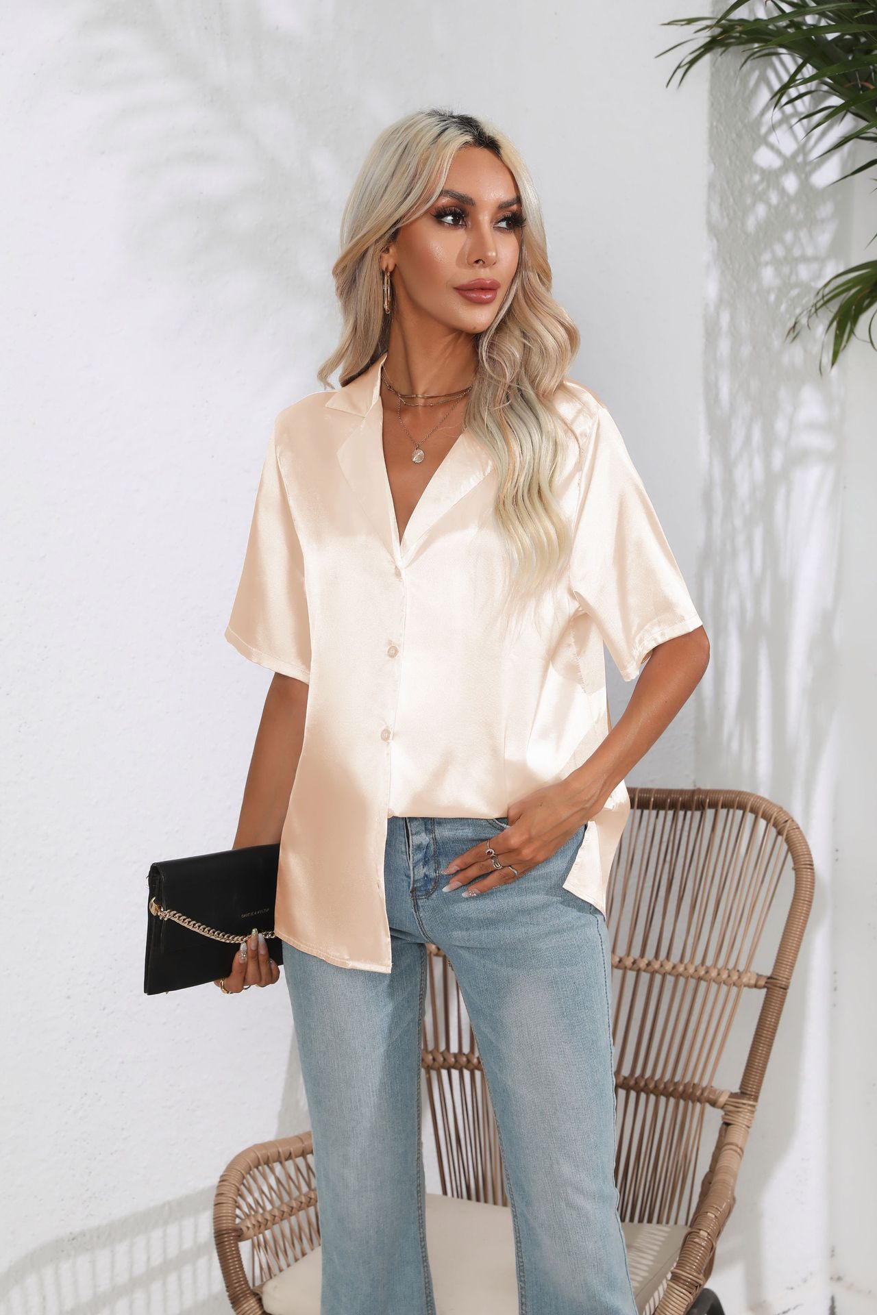 Women's Blouse Short Sleeve Blouses Button Classic Style British Style Solid Color display picture 3