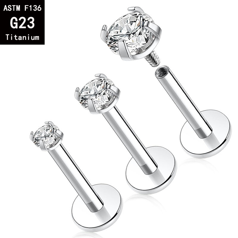 G23 Titanium Four-Claw Inlaid Zircon Inner Tooth Lip Nail Internal Thread Ear Stud, 1.2mm x 14mm, 8mm Top detail image 7