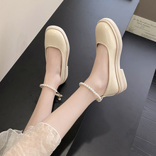 法式珍珠瑪麗珍鞋022新款夏季方跟黑白小皮鞋溫柔風高跟單鞋