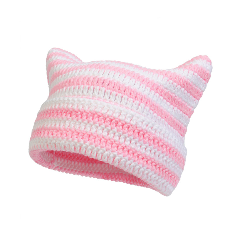 Japonés lindo gato orejas de punto de lana sombrero femenino Otoño e Invierno pequeño diablo a rayas cálido todo-Partido suéter sombrero moda