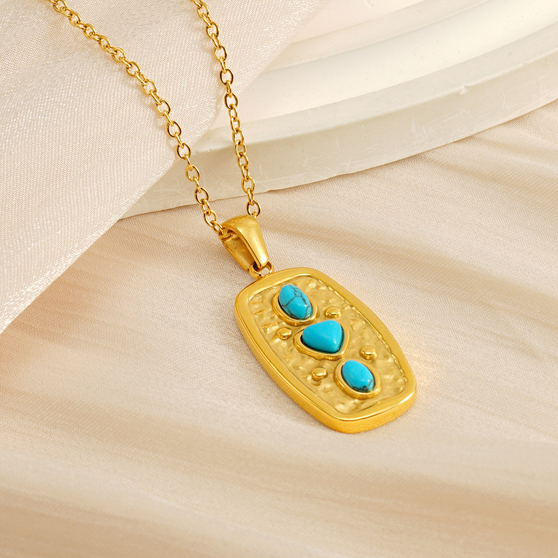 Cross-border nuevo amor retro titanio colgante de acero turquesa sensación universal collar de geometría de acero inoxidable chapado en oro
