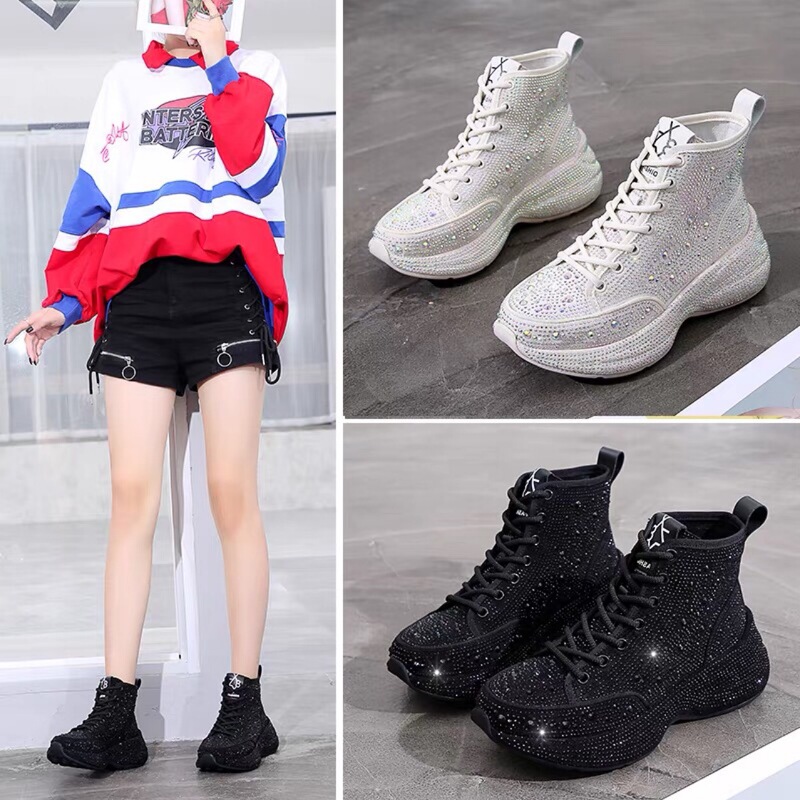 European 2021 New Internet Celebrity All-match High-temperature Hot Drilling Height-increasing Thick-soled Casual Sports High-top Torre Shoes Women's Trendy