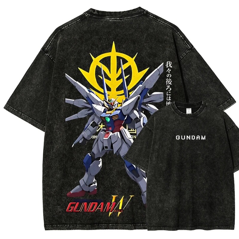 Gundam Wing T-Shirt for Men Xxxg-01W Hero Retro Acid-Washed Mecha Streetwear Oversized Vintage Japanese Anime