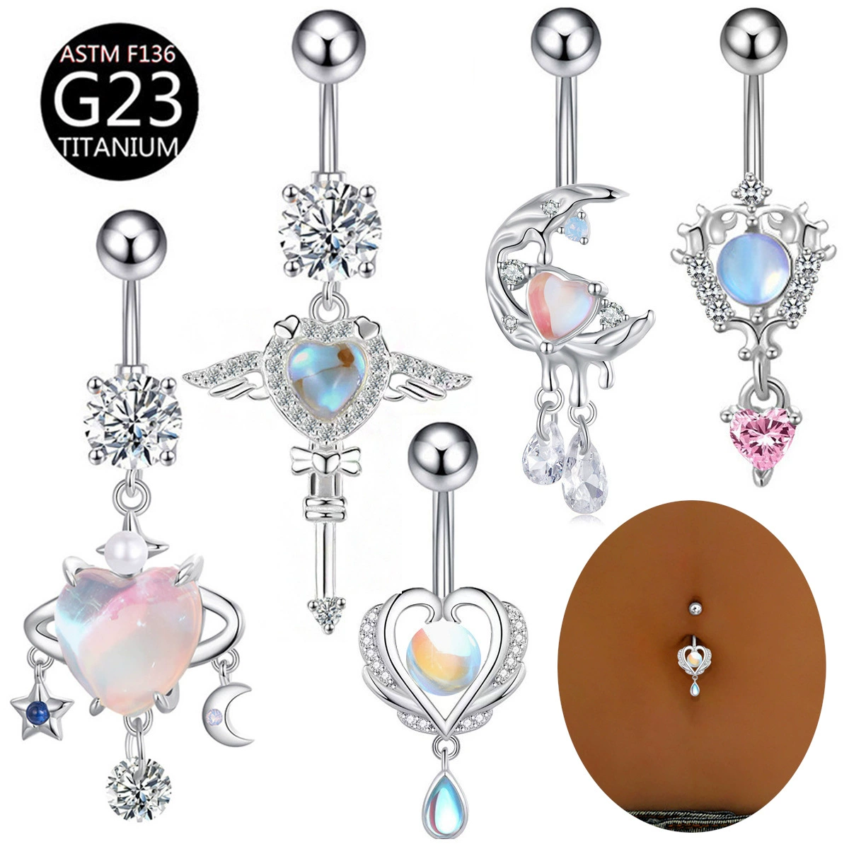 Трансграничная электронная коммерция, новый титановый кулон G23 с сердцем, северным сиянием, звездой и луной, кольцо для пупка F136, кольцо для пирсинга пупка из титанового сплава