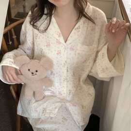 韩国ins女士春秋新品韩版可爱狗狗双层棉纱宽松家居服睡衣套装女