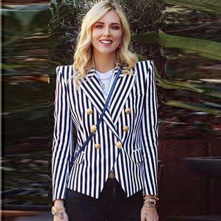 2025 European and American Autumn Korean Style Retro Striped Blazer Women's Slim Casual Suit Jacket Double-Breasted Blazer