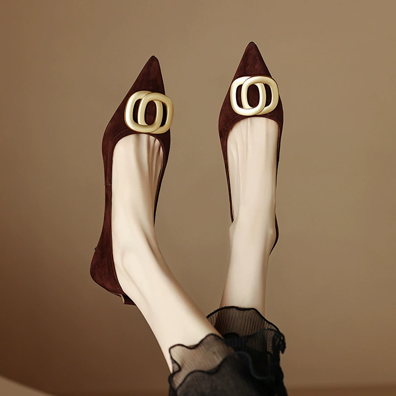 Туфли-лодочки с острым носком в Корейском стиле, средний каблук, 5 см, кожаные однослойные туфли на тонком каблуке с металлической квадратной пряжкой, женские туфли из матовой кожи коричневого цвета на весну