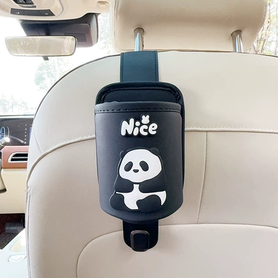 Car cup holder/beverage holder — Seat Back Water Cup Holder - black-leather-water-cup-holder-with-hook-panda