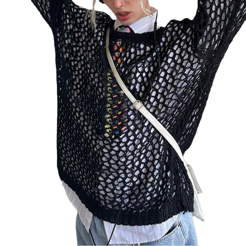 Blusa Holgada de Punto Calado con Cuello Redondo, Estilo Europeo y Americano, para Mujer, Moda Urbana Verano 2025, Comercio Transfronterizo