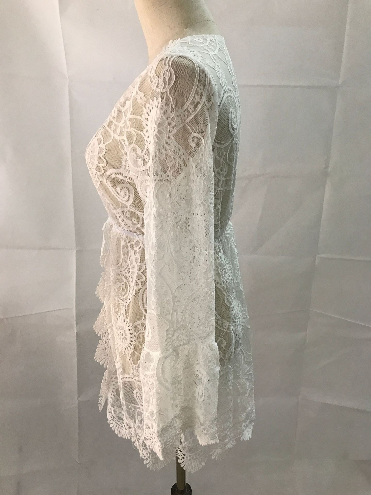 Above Knee Dress Length Type Nine Points Sleeve Sleeve Length Sundress Dresses Type Wholesale Women's Simple Style Lace Solid Color Holiday Beach V Neck Nine Points Sleeve Sundress