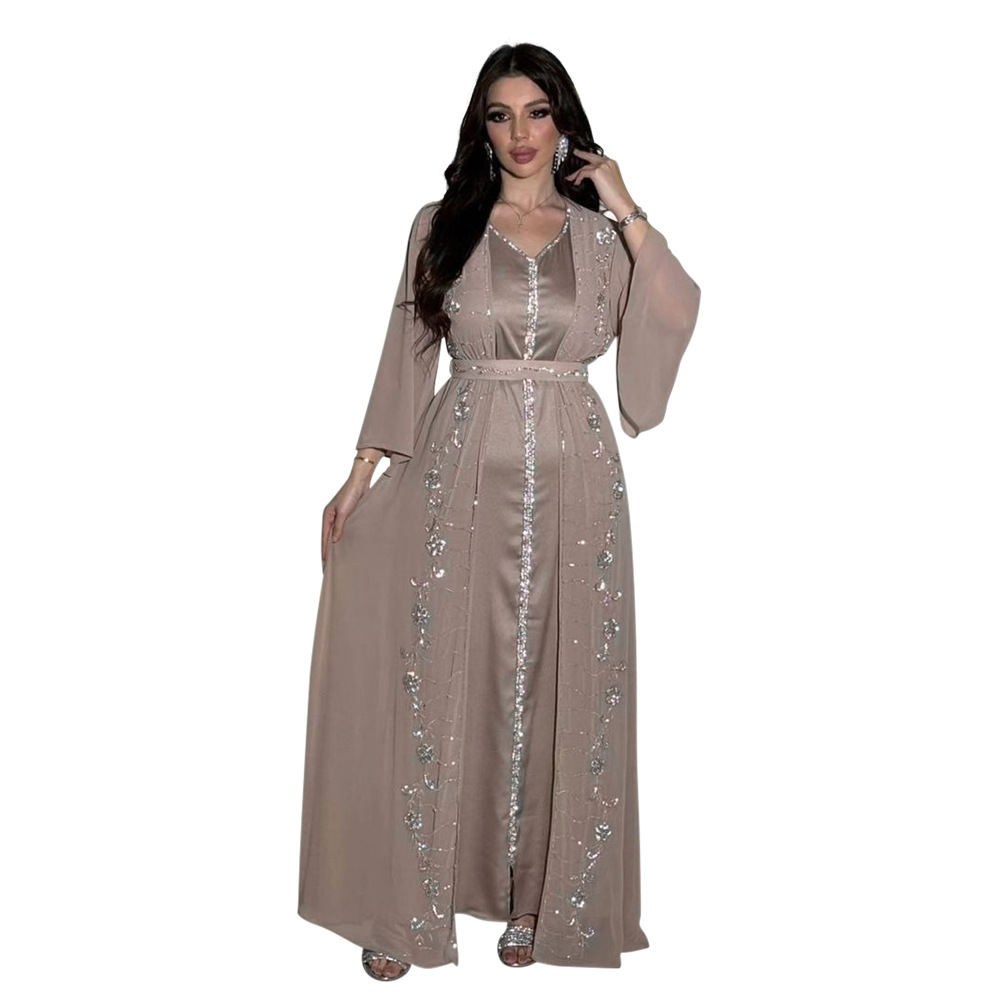 XQY500261 Four-Season Commuting Vest + Jacket Dress Chiffon Rhinestone Muslim Suit Robe_ecoleips.com