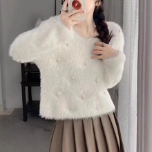 仿水貂绒毛衣女秋冬新款宽松慵懒软糯针织衫短款套头圆领长袖上衣