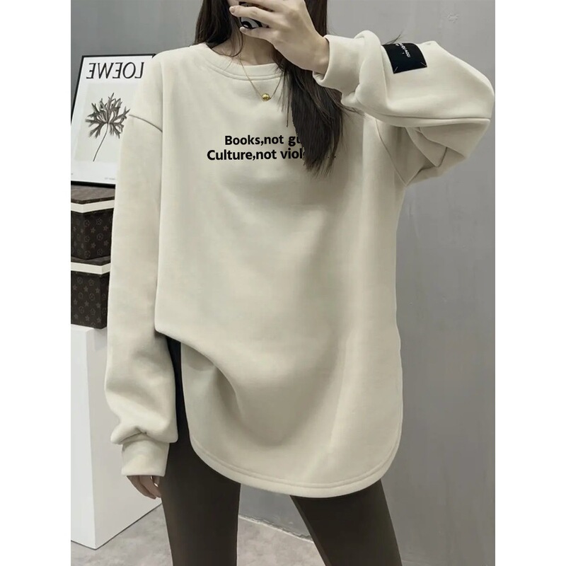 Mid-Length Fleece-Lined Thickened Base Shirt for Women, Long-Sleeved Casual Niche Design, Tummy-Covering, Slimming, German Velvet T-Shirt Top for Autumn and Winter