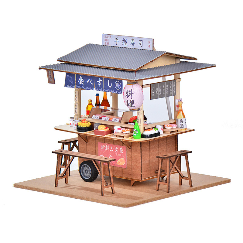 Bricolaje hecho a mano de madera comida y juego escena casa de muñecas accesorios Tienda de sushi japonés coche muñeca